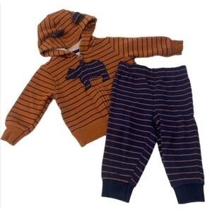 Carter's Hoodie and Pants Set Boys 9M Brown Navy Striped Bear 2-Piece Outfit